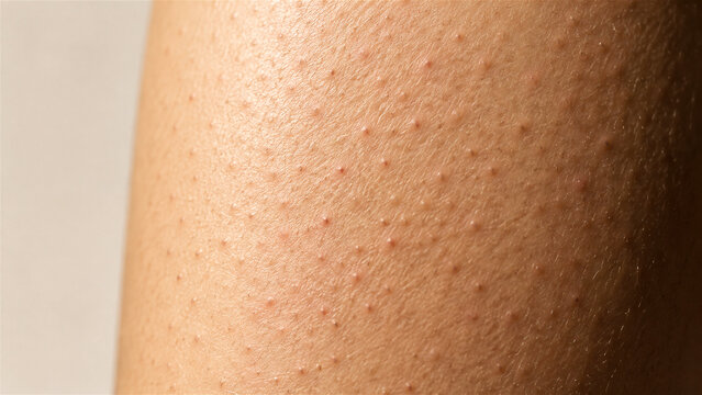 close-up of human skin covered with small raised bumps and visible pores. Warm lighting reveals fine texture and uneven surface detail. Dermatology concept for skin care education