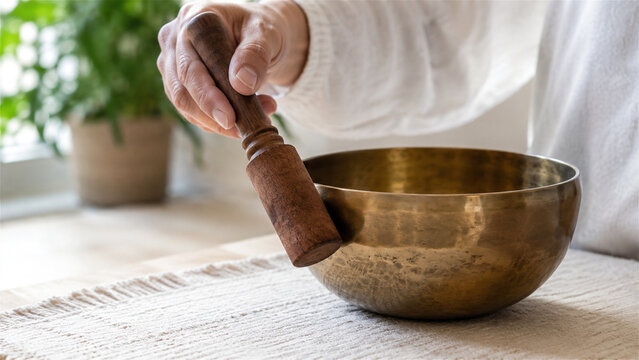 hand strikes a brass singing bowl with a wooden mallet on a linen table. Soft daylight and greenery create a calm home setting. Meditation and sound therapy concept