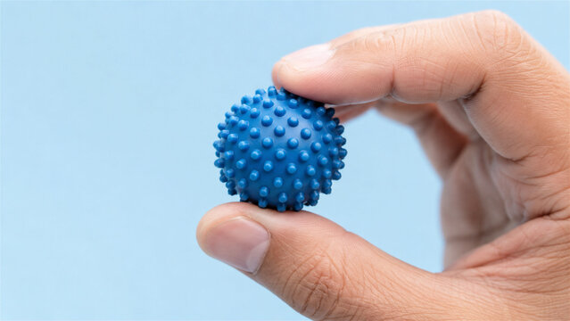 hand holding a spiky massage ball for finger exercise. Close-up against a blue background shows tactile therapy equipment. Concept of rehabilitation, grip training, and wellness