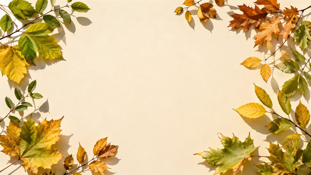autumn leaves frame a cream background with branches and shadows. Seasonal foliage forms a warm border with generous copy space. Ideal for greeting card, banner, or design