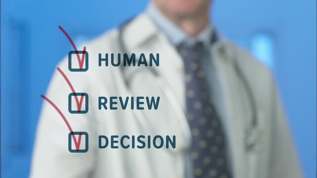 Doctor reviews virtual checklist on screen, highlighting human oversight, ethical decision making and accountability in ai driven healthcare for safe, trustworthy patient care and innovation