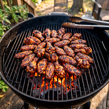 BBQ chicken wings cooking on an outdoor grill