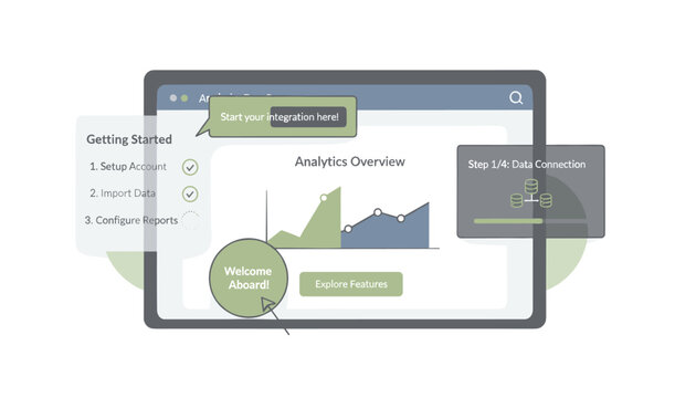 Comprehensive analytics overview dashboard displaying user onboarding steps, including account setup, data import, report configuration, and data connection modules.