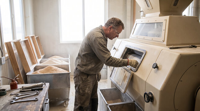 Mill operator checks grain processing machine while inspecting flour quality in workshop. Concept of flour milling, factory worker, milling machine.