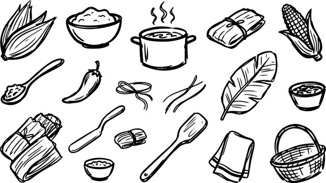 Traditional Mexican Tamales Cooking Ingredients and Tools Doodle Icon Set. Black and White Line Art of Corn Husks, Masa, Steaming Pot, and Spices