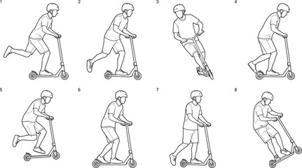 Obraz premium Black and White Vector Illustrations of Person Riding Kick Scooter with Safety Helmet in Various Poses