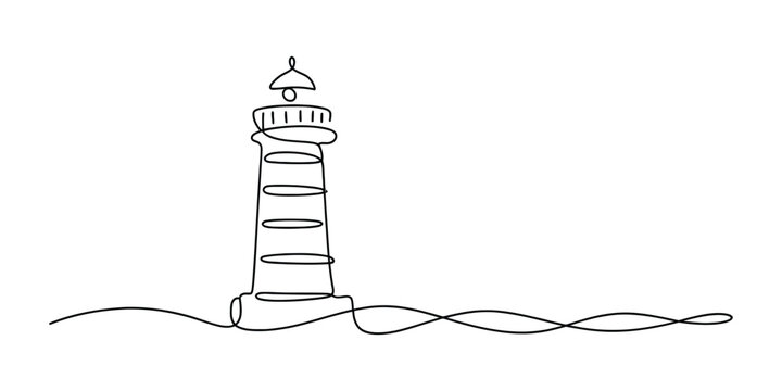 Minimalist continuous single line drawing of a lighthouse showing a simple nautical symbol for navigation and safety on the dark ocean coast