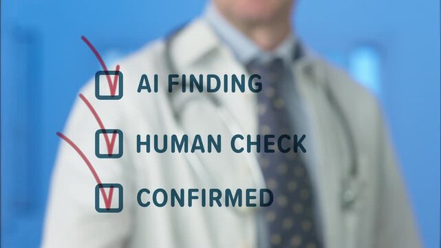 Medical professional completing a checklist on a transparent screen, signifying the hybrid approach of artificial intelligence assistance and human expertise in healthcare diagnosis and verification