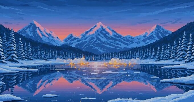 Pixel art mountain lake with festive fireworks at sunset