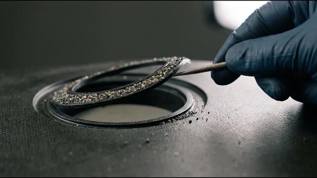 Metal probe lifting the flattened edge of a black inlet seal with embedded grit seated in a shallow groove
