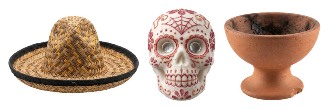 Set of day of the dead items with sombrero hat, sugar skull and clay bowl isolated on a transparent or white background. Traditional mexican festival and cultural celebration gear.