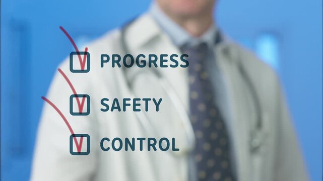Doctor checking a virtual checklist displaying progress, safety, and control with checkmarks, representing important concepts in healthcare and artificial intelligence development