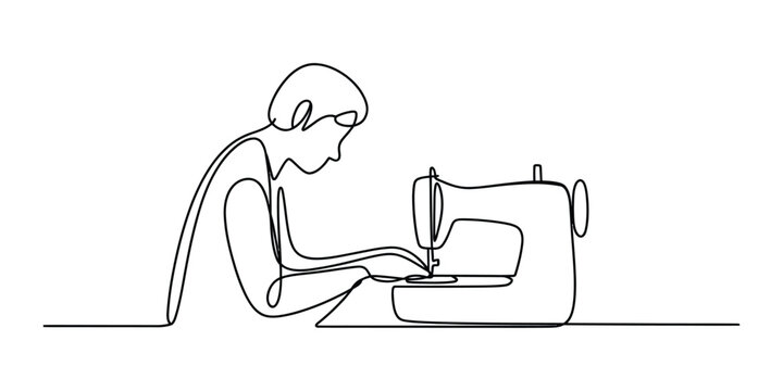 Continuous single line drawing of a person sewing with a sewing machine craft hobbyist tailor working on clothing at a desk in a creative studio