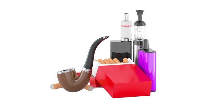 Smoking products with vapes pipe cigar and cigarettes animation seamlessly loopable. 3D rendering isolated on transparent background