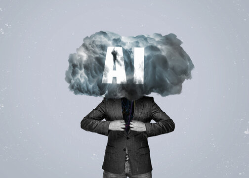  Art collage. A dark AI cloud over the human head. Risk posed by the AI ​​concept. Danger.