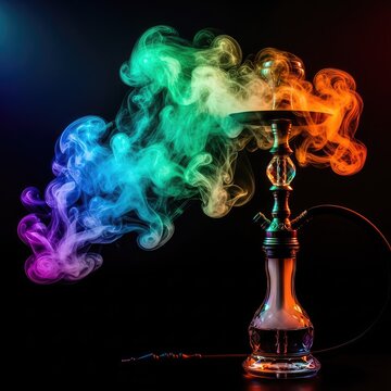 Vibrant plumes of iridescent smoke swirl gracefully from a traditional shisha pipe against a deep black backdrop, creating a mystical vibe, contrast, vibrant, pipe