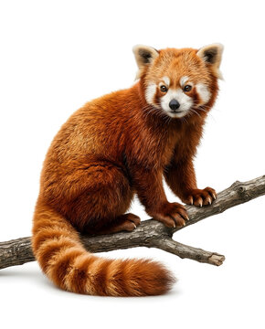 Red panda sitting on tree branch isolated on white background