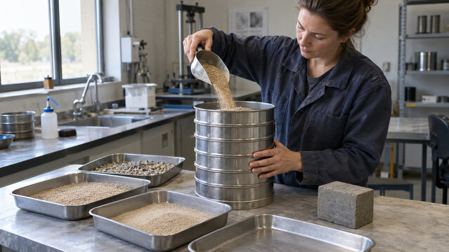 Female engineer pours granular fractions into test sieves for aggregate analysis in a construction material laboratory. Concept of laboratory technician.