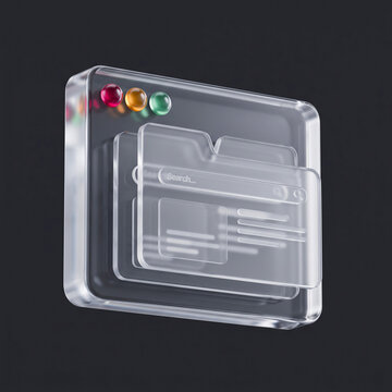 Futuristic translucent glass interface design showcasing digital file organization and search functionality icons