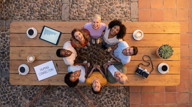 Grupo de amigos diversos sorrindo em caf&eacute; ao ar livre vista superior