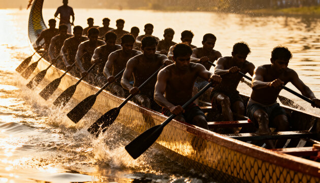 Traditional snake boat rowers synchronize their powerful strokes during a competitive racing event at golden sunset