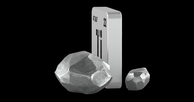Titanium chemical element symbol with Ti metallic ore animation seamlessly loopable. 3D rendering isolated on transparent background