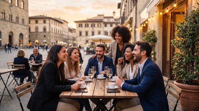 Grupo de amigos diversos rindo em caf&eacute; ao p&ocirc;r do sol