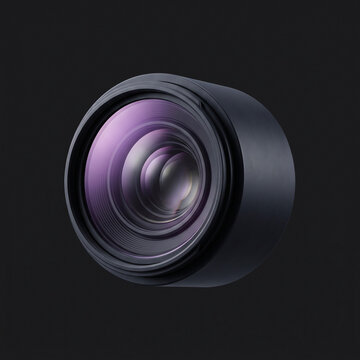 Professional optical camera lens with vibrant purple anti-reflective coating isolated on a minimalist black background