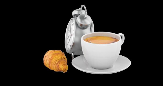 Alarm clock tea cup and croissant, breakfast concept animation seamlessly loopable. 3D rendering isolated on transparent background