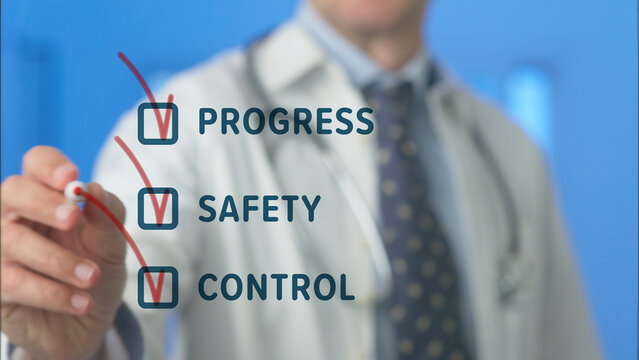 Doctor checking a virtual checklist displaying progress, safety, and control with checkmarks, representing important concepts in healthcare and artificial intelligence development