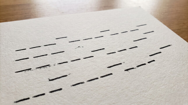 Abstract Dashed Ink Lines on Textured Watercolor Paper with Rhythm Pattern. Concept of morse code, ink drawing, minimalist art, graphic design, stroke. Copy space.