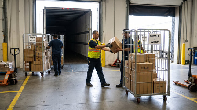 Warehouse workers unloading cardboard boxes from truck trailer at busy logistics loading dock. Concept of delivery, cargo, shipping, freight, supply chain, distribution center.