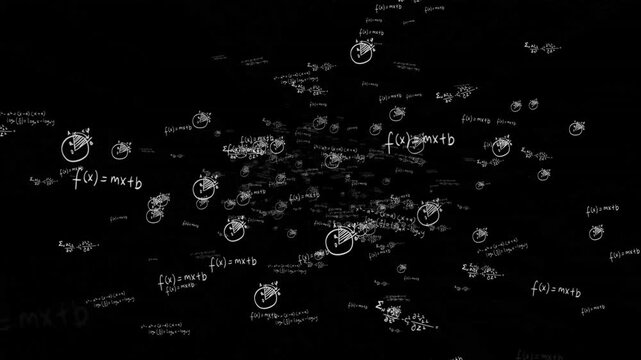 Flying Math Formula Equations Overlay Science Symbols. Math Calculation Meme on Black Background. Confused Math Lady woman. Concept of thinking, confusion, calculating, cognitive, learning.