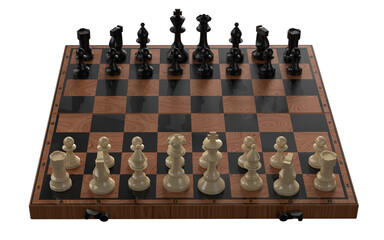 Chess pieces on the board in the starting position. Isolated. Transparent background. 3D Rendering.  © igor.nayda