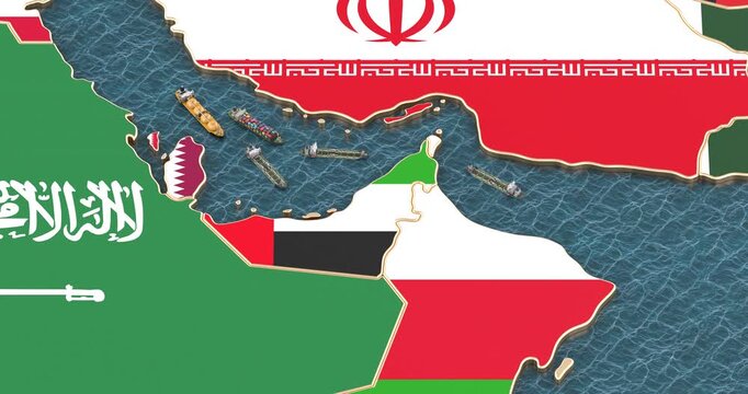Strait of Hormuz map with oil tankers illustrating a shipping blockade concept, animation. 3D rendering