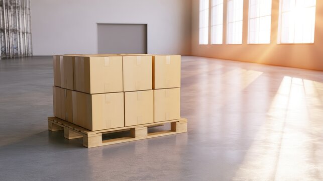 Stacked cardboard boxes on wooden pallet in empty warehouse with clean white walls and polished floor