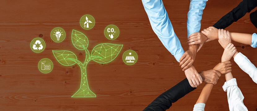 Hands Joining Together in a Collaborative Effort for Sustainable Development and Environmental Awareness with Green Technology Icons Quark.