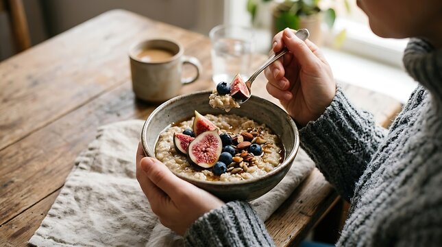 Closeup of a person eating a healthy bowl of oatmeal topped with fresh figs, blueberries, and nuts for a nutritious breakfast at a rustic wooden table