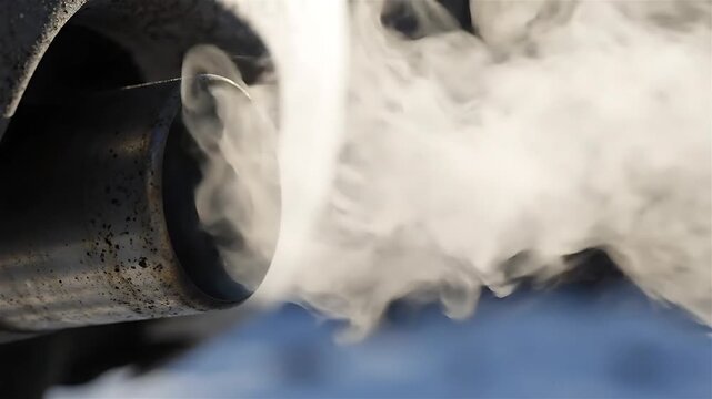 Smoke Billowing From a Pipe, Gradually Expanding and Dispersing Against a Blue Background in a Looping Animation.