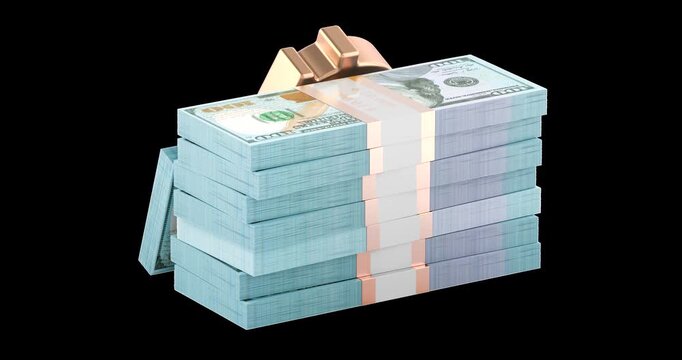 Dollar sign with stacks of cash animation seamlessly loopable. 3D rendering isolated on transparent background