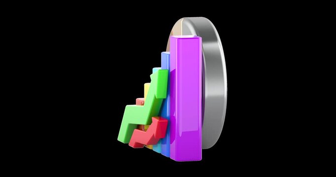Financial growth chart with rising bars and arrows animation seamlessly loopable. 3D rendering isolated on transparent background