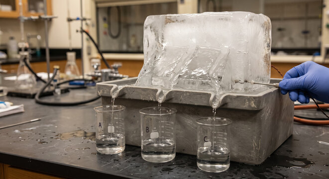 Science laboratory experiment on ice melting process with meltwater flowing into beakers. Concept of ice block, science research, water runoff, lab equipment.