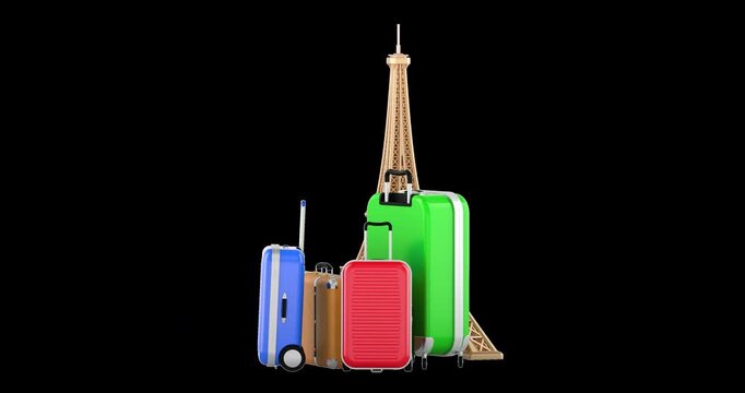 Eiffel Tower with colorful travel suitcases animation seamlessly loopable. 3D rendering isolated on transparent background