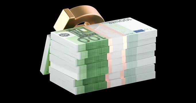 Euro sign with stacks of banknotes animation seamlessly loopable. 3D rendering isolated on transparent background