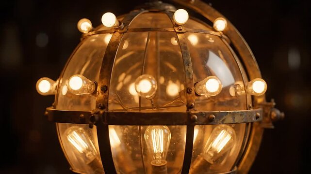 Industrial Lanterns Glowing Warmly, Slowly Rotating and Illuminating a Dark Background. Vintage Lighting Fixtures with a Steampunk Aesthetic.