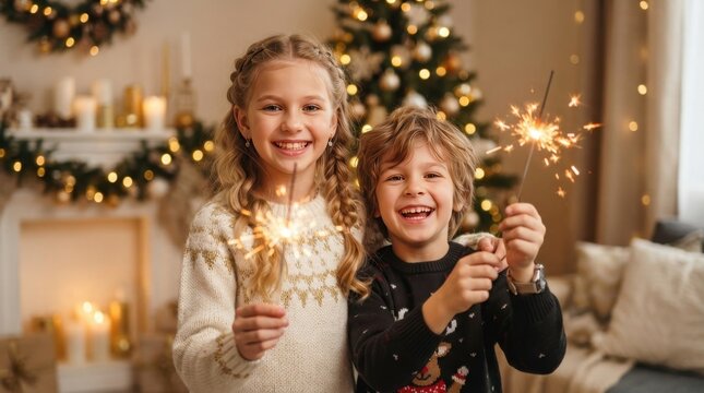 Joyful Christmas Morning: Two happy children, a girl and a boy, gleefully ignite sparklers in front of a beautifully decorated Christmas tree.
