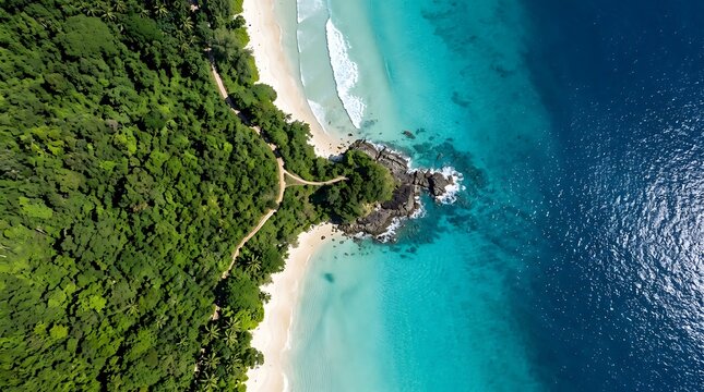 Aerial view of a tropical beach with lush green forest, turquoise water, and a rocky headland, creating a beautiful contrast between land and sea