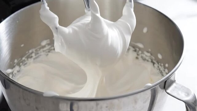 Mixing Bowl with Egg Whites Whipping Into Stiff Peaks, Creating a Dynamic Culinary Motion. Food Preparation Process in 4k.
