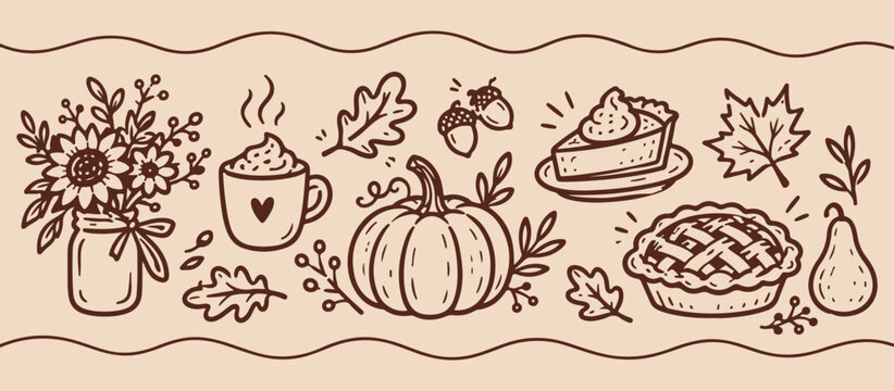 Charming hand-drawn autumn elements including pumpkins pies and hot drinks perfect for seasonal decorations and fall-themed designs