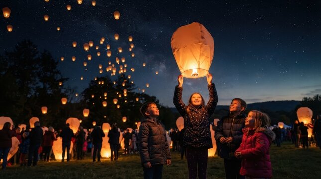 Night Sky Lantern Festival: A group of people releases glowing sky lanterns into the dark night sky, creating a magical spectacle of light and wonder against a backdrop of trees and distant hills.